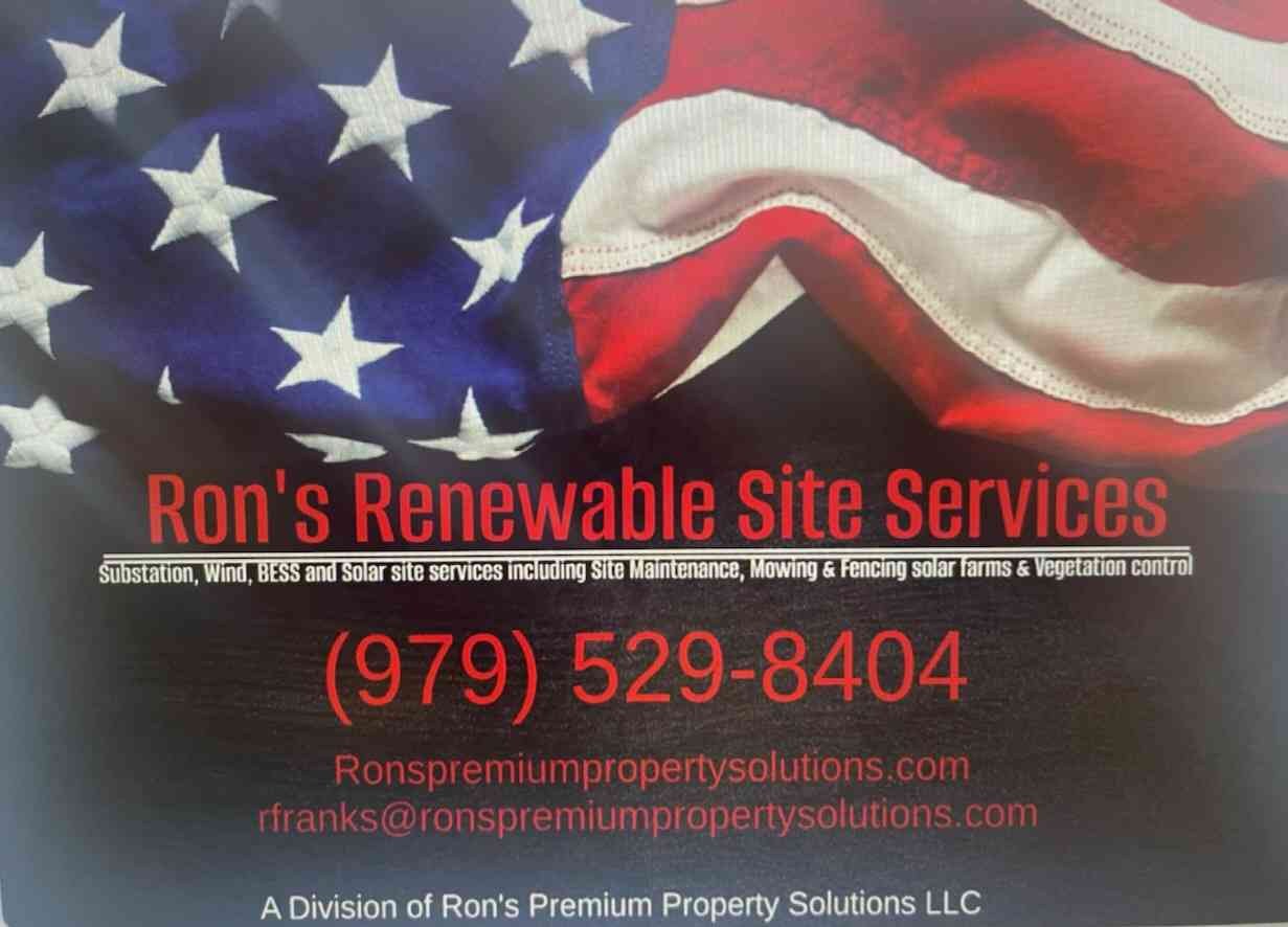 Ron's Renewable Site Services business card: substation, wind, BESS and solar site services including site maintenance, mowing, fencing solar farms and vegetation control, (979) 529-8404, a division of Ron's Premium Property Solutions LLC